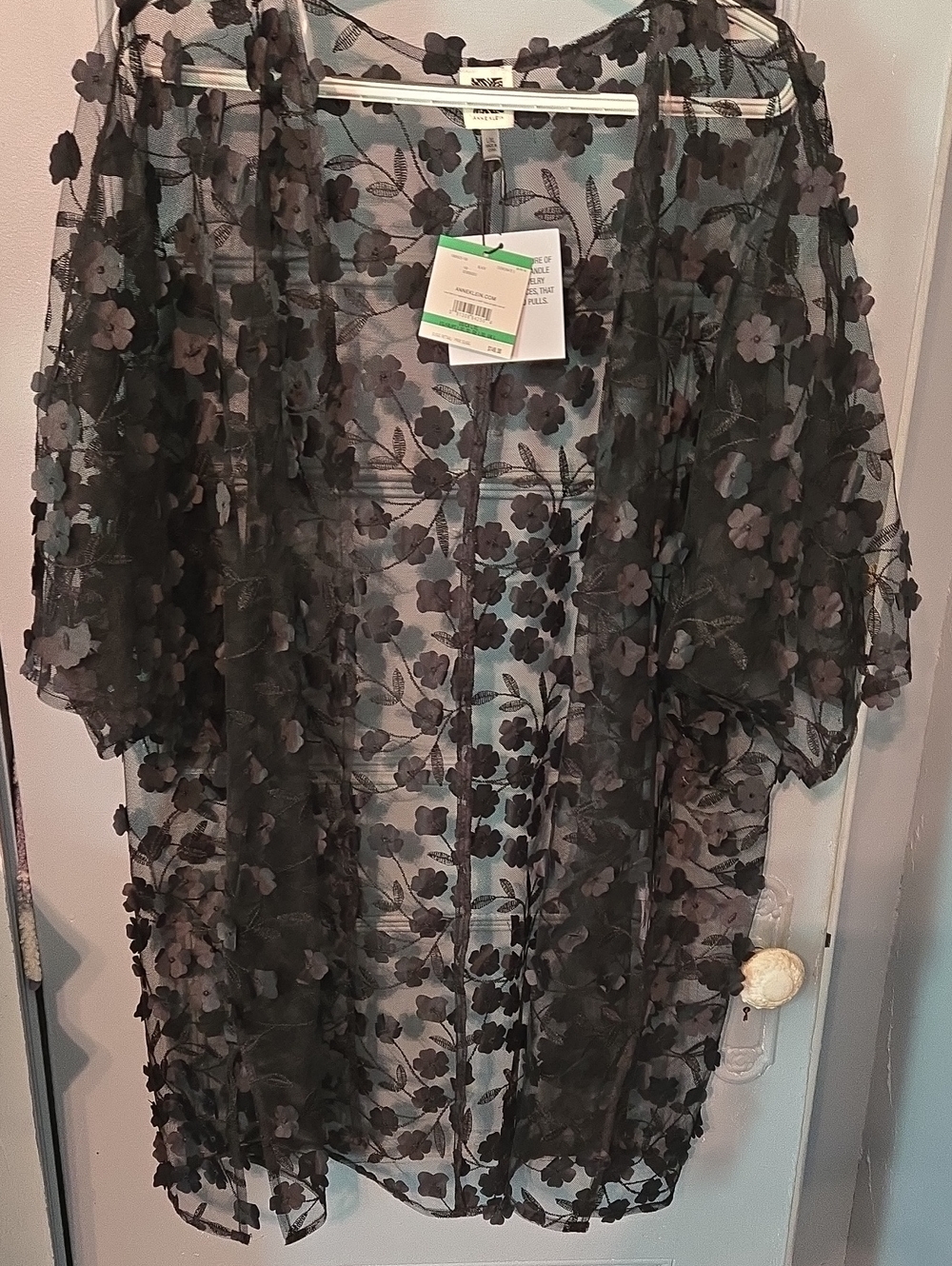 Anne Klein Black Sheer Floral Appliqué Kimono L/XL